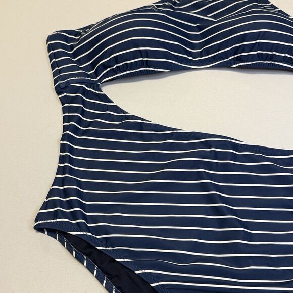 NWT J Crew Cutout One Shoulder One Piece Swimsuit Navy Blue White Stripe Swim 24 - Picture 10 of 15